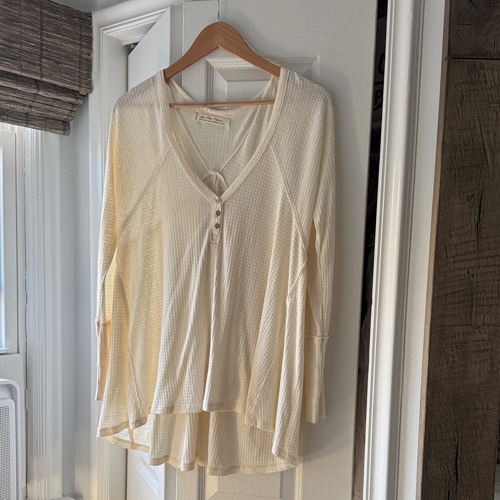 Free People Cream V-Neck Long Sleeve Top